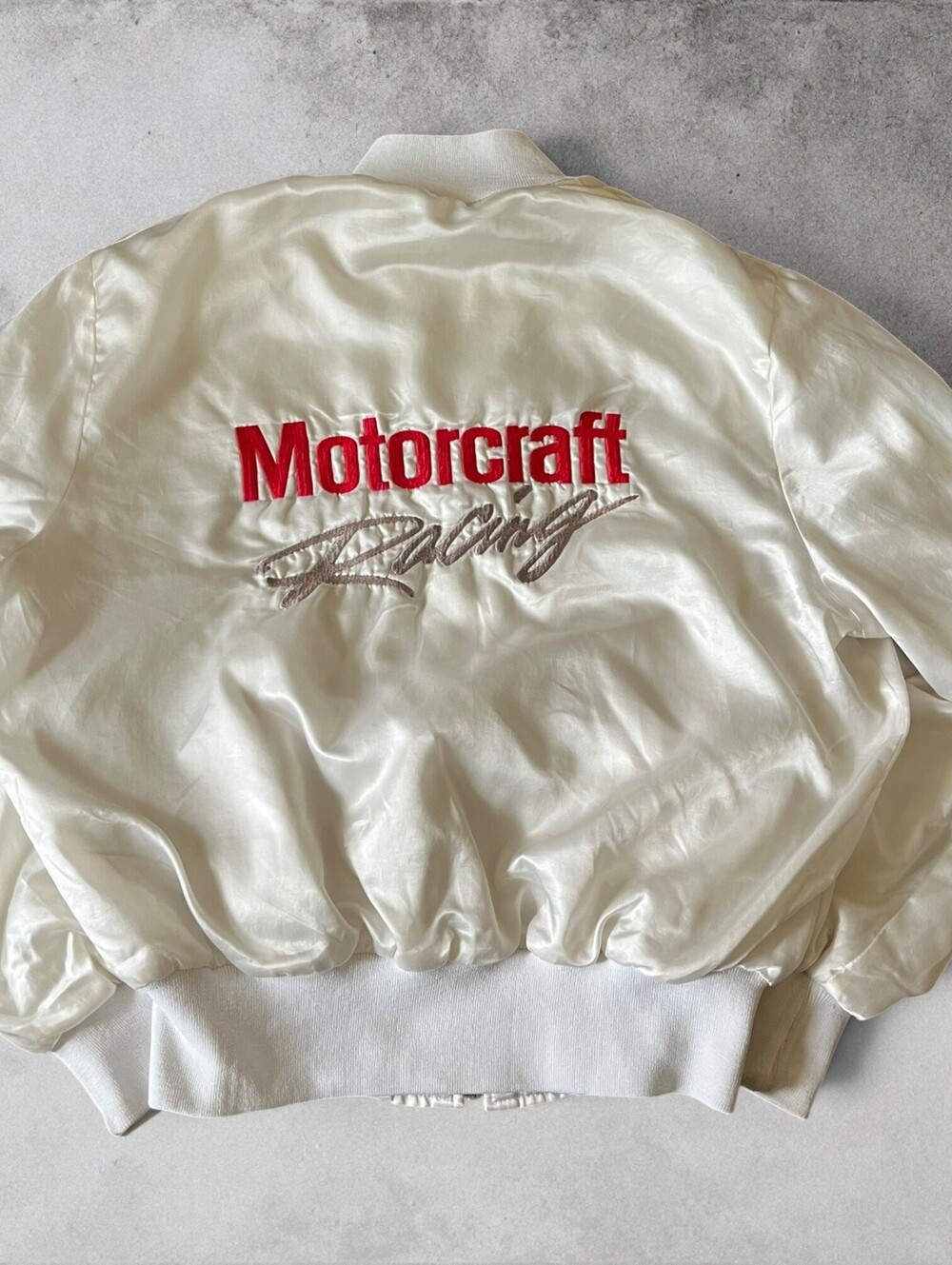 Vintage 70s/80s Satin Bomber Jacket Motorcraft Racing Holloway Size Large Retro